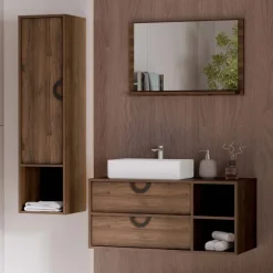 Mobile bagno sospeso 100 cm 2 cassetti con specchio e colonna rovere scuro Mirea