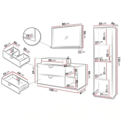 Mobile bagno sospeso 100 cm 2 cassetti con specchio e colonna rovere Mirea