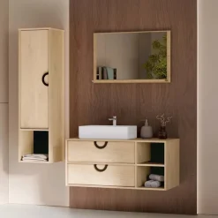 Mobile bagno sospeso 100 cm 2 cassetti con specchio e colonna rovere Mirea