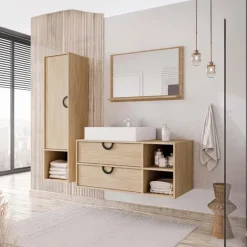 Mobile bagno sospeso 100 cm 2 cassetti con specchio e colonna rovere Mirea