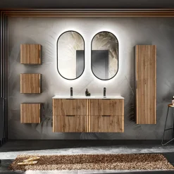 Mobile bagno sospeso 120cm cm con 2 lavabi da incasso, 2 specchi, colonna e cubotti quercia antracite Limpid