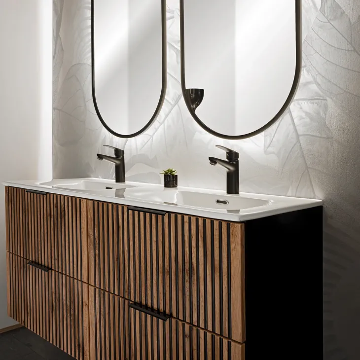 Mobile bagno sospeso 120cm cm con 2 lavabi da incasso, 2 specchi, colonna e cubotti quercia antracite Limpid
