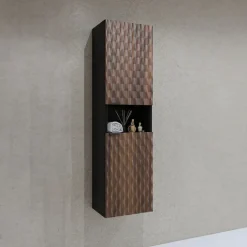 Mobile bagno sospeso 82cm con colonna e pensile nero frontali noce decorati Silvy