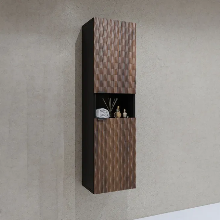 Mobile bagno sospeso 82cm con colonna e pensile nero frontali noce decorati Silvy