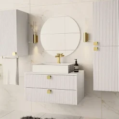 Mobile bagno sospeso 80cm con colonna e pensile maniglie oro bianco Bursa