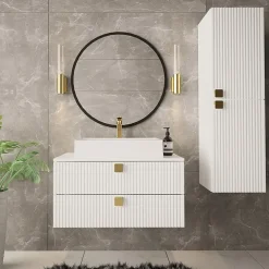 Mobile bagno sospeso 80cm con colonna 2 cassetti bianco Bursa 2