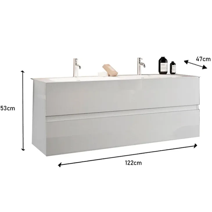 Mobile bagno sospeso 120cm con doppio lavabo e specchio bianco lucido Moon