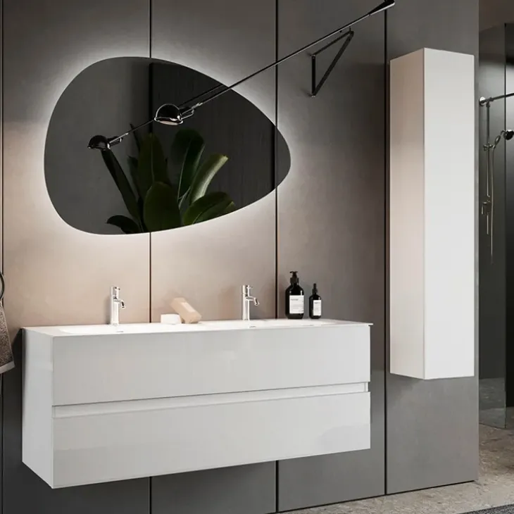 Mobile bagno sospeso 120cm con doppio lavabo e specchio bianco lucido Moon