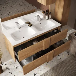 Mobile bagno sospeso 120cm con doppio lavabo e specchio rovere scuro Alvarez