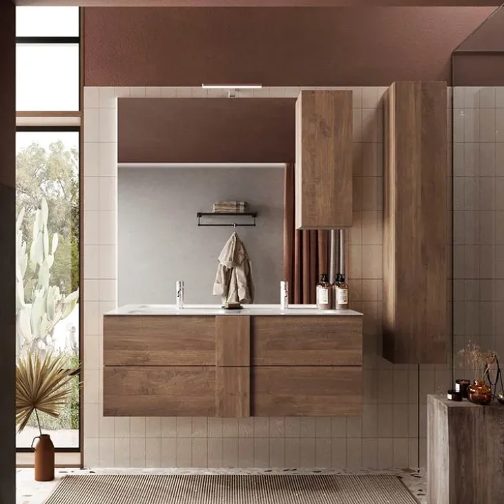 Mobile bagno sospeso 120cm con doppio lavabo e specchio rovere scuro Alvarez