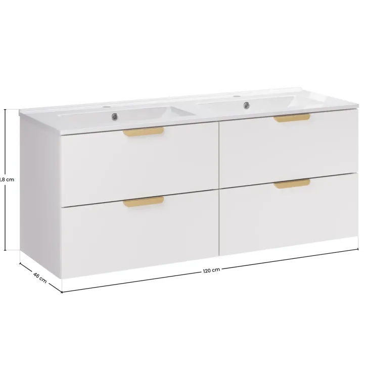 Mobile bagno sospeso 120cm con doppio lavabo 4 cassetti bianco Speranza