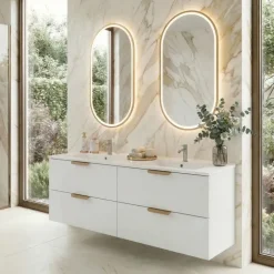 Mobile bagno sospeso 120cm con doppio lavabo 4 cassetti bianco Speranza