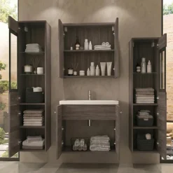 Mobile bagno sospeso 60cm con lavabo, specchio e 2 colonne vetrate rovere grigio Luz