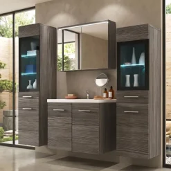 Mobile bagno sospeso 60cm con lavabo, specchio e 2 colonne vetrate rovere grigio Luz