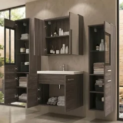 Mobile bagno sospeso 60cm con lavabo, specchio e 2 colonne vetrate rovere grigio Luz