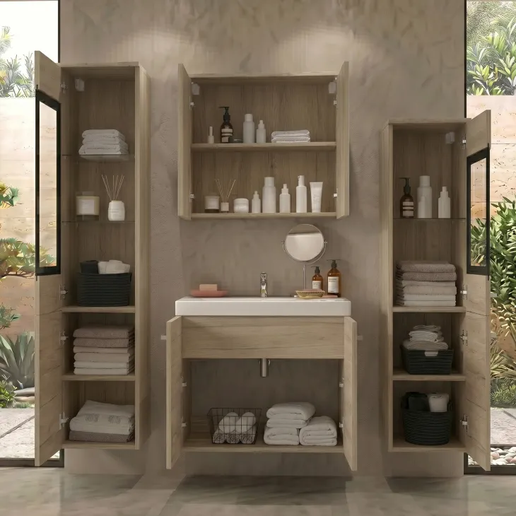 Mobile bagno sospeso 60cm con lavabo, specchio e 2 colonne vetrate rovere chiaro Luz