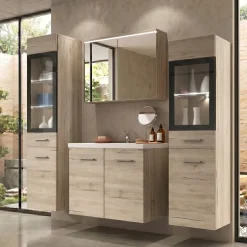 Mobile bagno sospeso 60cm con lavabo, specchio e 2 colonne vetrate rovere chiaro Luz