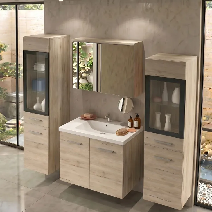 Mobile bagno sospeso 60cm con lavabo, specchio e 2 colonne vetrate rovere chiaro Luz