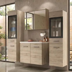 Mobile bagno sospeso 60cm con lavabo, specchio e 2 colonne vetrate rovere chiaro Luz