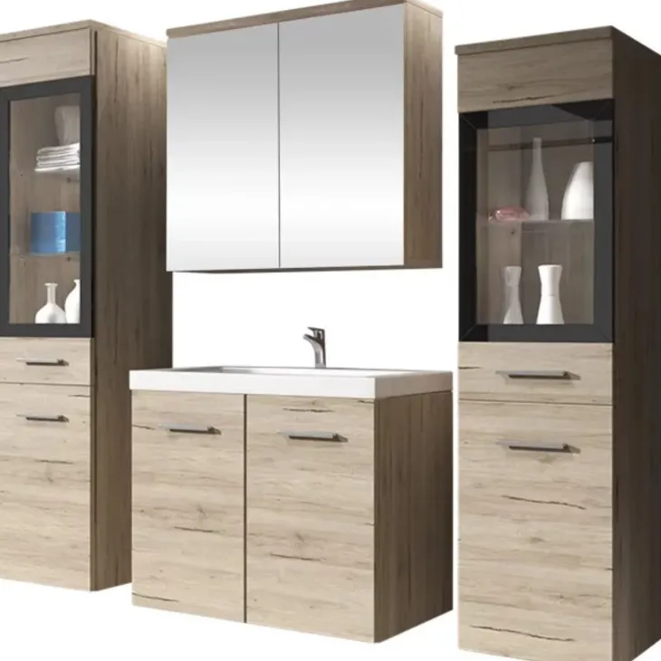 Mobile bagno sospeso 60cm con lavabo, specchio e 2 colonne vetrate rovere chiaro Luz