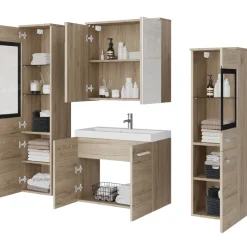 Mobile bagno sospeso 60cm con lavabo, specchio e 2 colonne vetrate rovere chiaro Luz