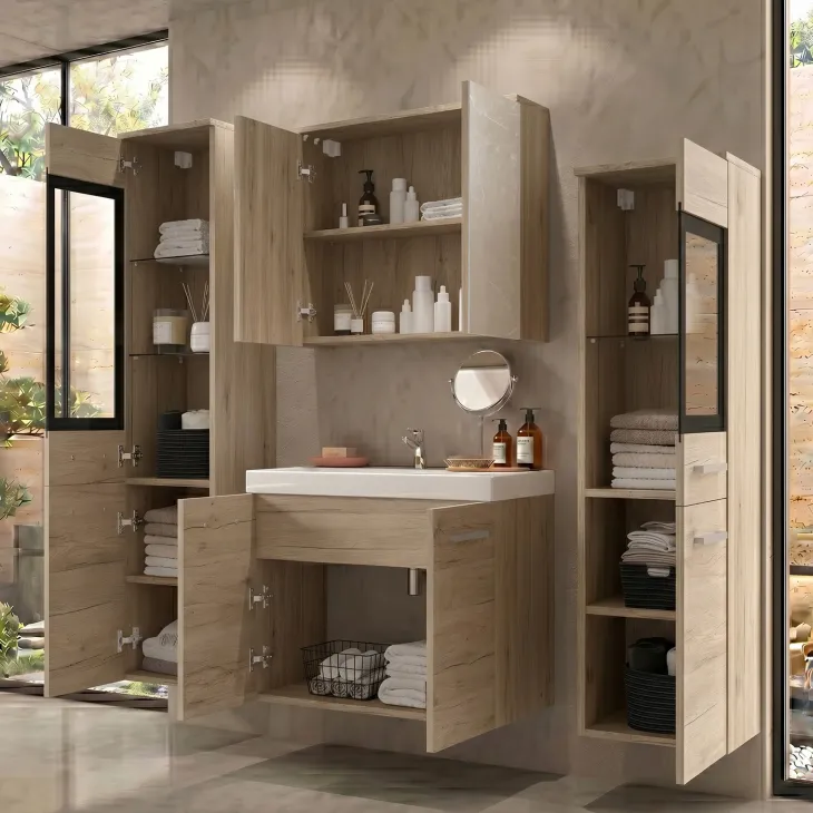Mobile bagno sospeso 60cm con lavabo, specchio e 2 colonne vetrate rovere chiaro Luz