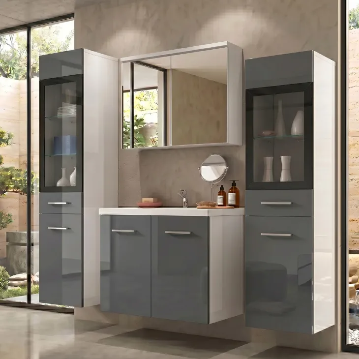 Mobile bagno sospeso 60cm con lavabo, specchio e 2 colonne vetrate grigio lucido bianco Luz