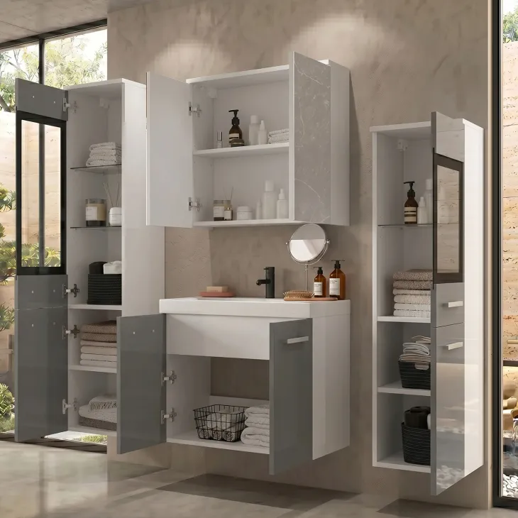 Mobile bagno sospeso 60cm con lavabo, specchio e 2 colonne vetrate grigio lucido bianco Luz