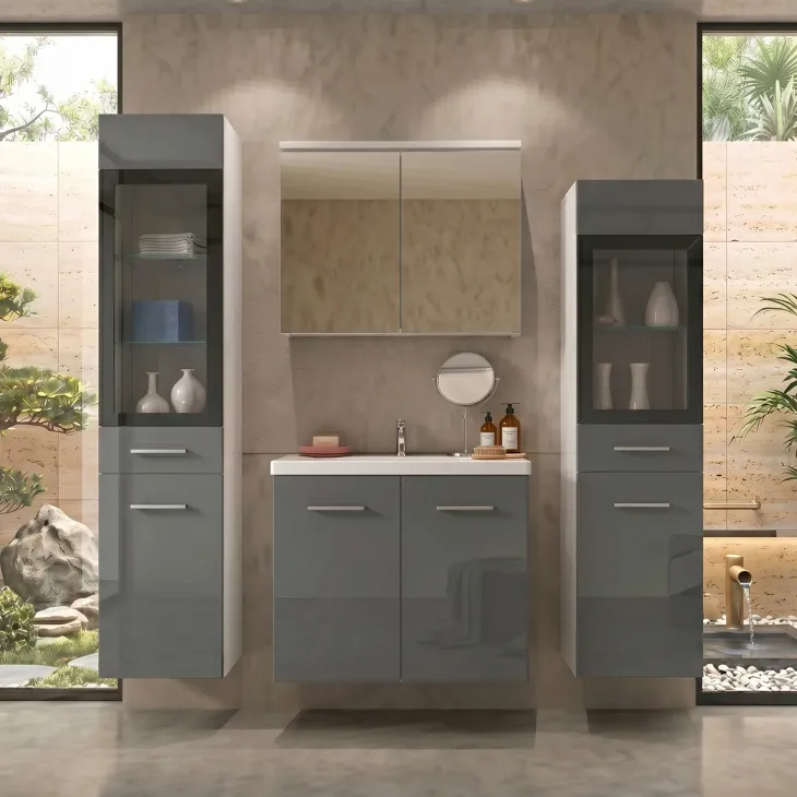 Mobile bagno sospeso 60cm con lavabo, specchio e 2 colonne vetrate grigio lucido bianco Luz