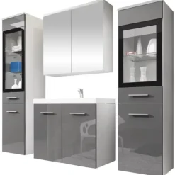 Mobile bagno sospeso 60cm con lavabo, specchio e 2 colonne vetrate grigio lucido bianco Luz
