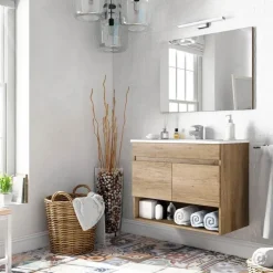 Mobile bagno sospeso 80cm con lavabo e specchio rovere nordik Dexter