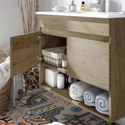Mobile bagno sospeso 80cm con lavabo e specchio rovere nordik Dexter