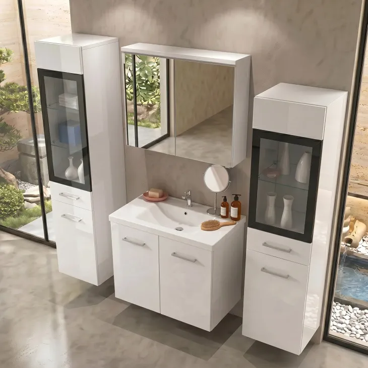 Mobile bagno sospeso 60cm con lavabo, specchio e 2 colonne vetrate bianco lucido Luz