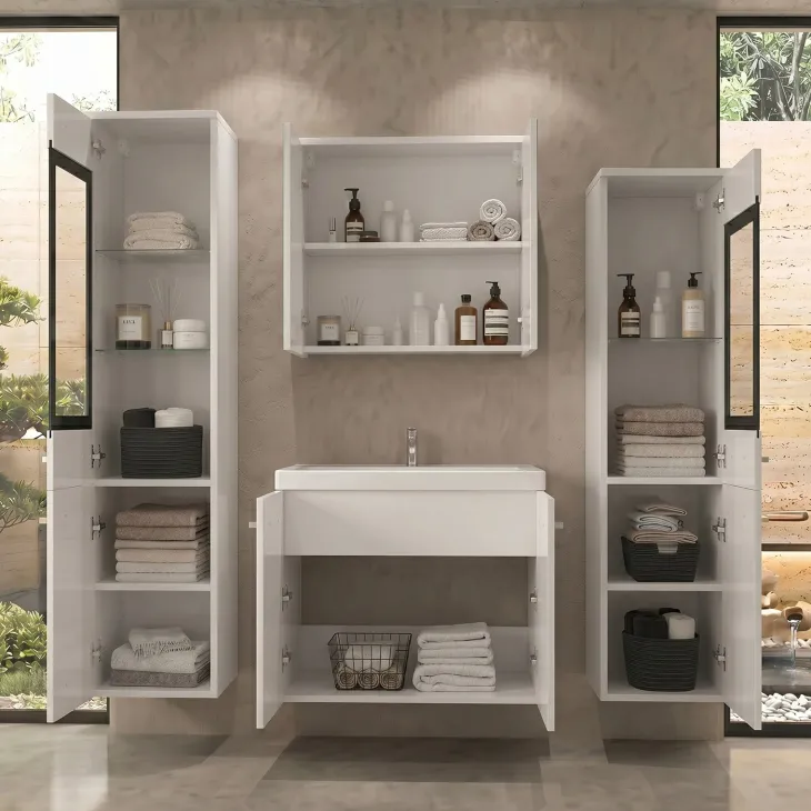 Mobile bagno sospeso 60cm con lavabo, specchio e 2 colonne vetrate bianco lucido Luz