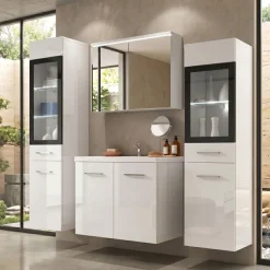 Mobile bagno sospeso 60cm con lavabo, specchio e 2 colonne vetrate bianco lucido Luz