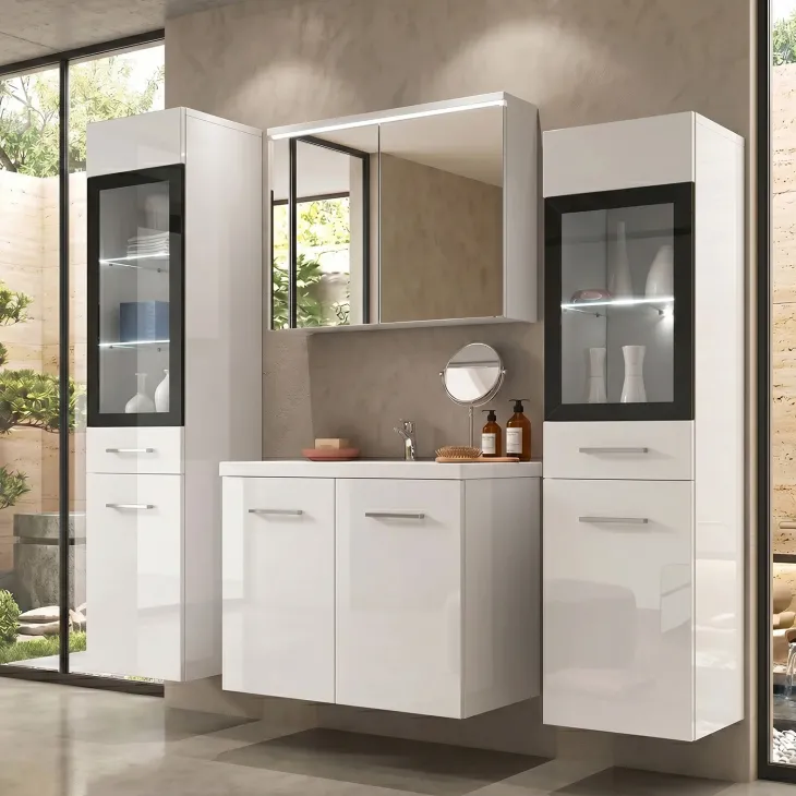 Mobile bagno sospeso 60cm con lavabo, specchio e 2 colonne vetrate bianco lucido Luz