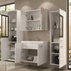 Mobile bagno sospeso 60cm con lavabo, specchio e 2 colonne vetrate bianco lucido Luz