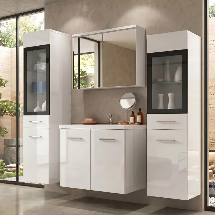 Mobile bagno sospeso 60cm con lavabo, specchio e 2 colonne vetrate bianco lucido Luz