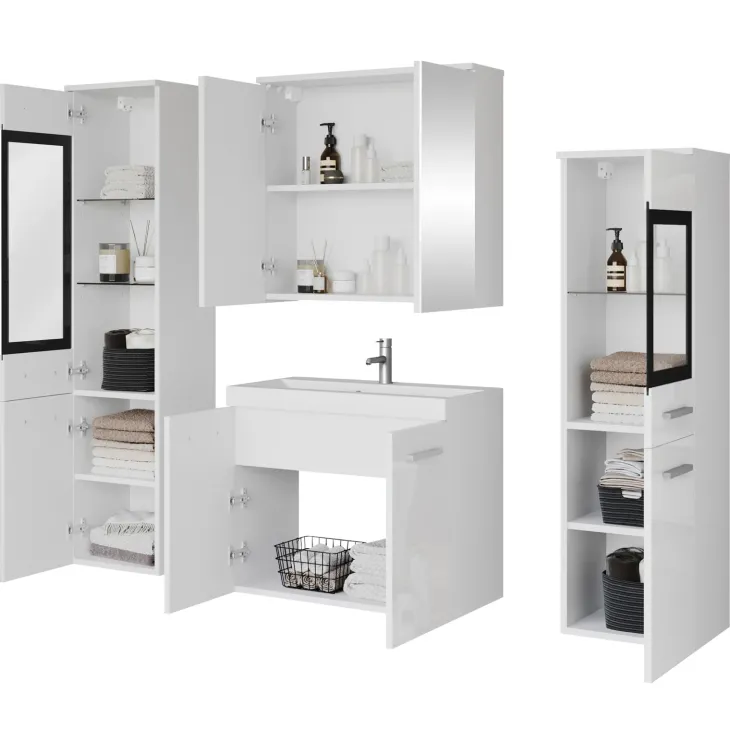 Mobile bagno sospeso 60cm con lavabo, specchio e 2 colonne vetrate bianco lucido Luz