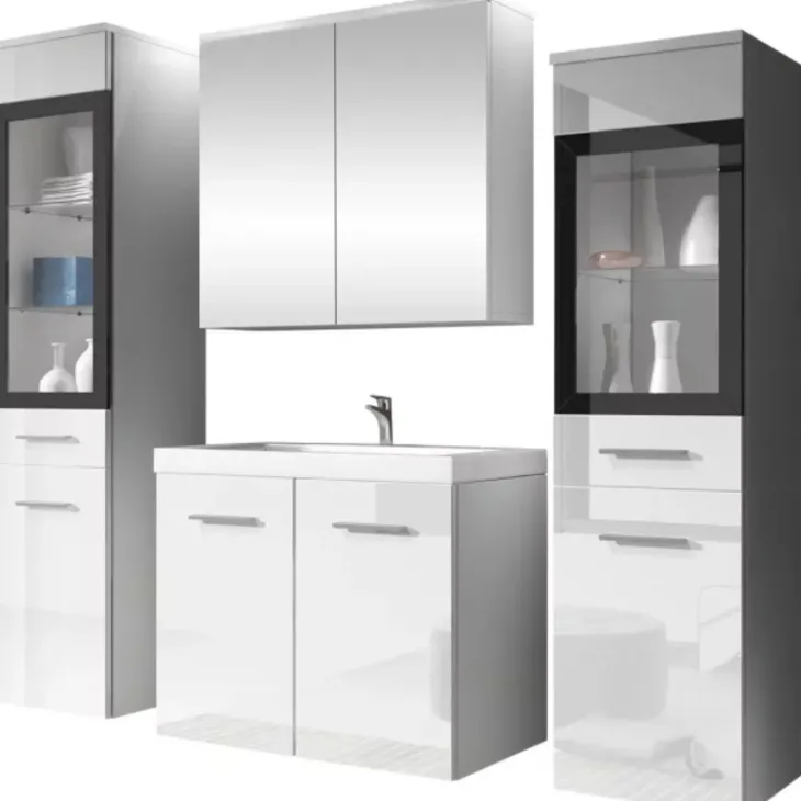 Mobile bagno sospeso 60cm con lavabo, specchio e 2 colonne vetrate bianco lucido Luz
