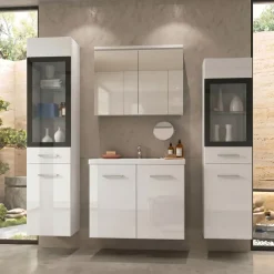 Mobile bagno sospeso 60cm con lavabo, specchio e 2 colonne vetrate bianco lucido Luz