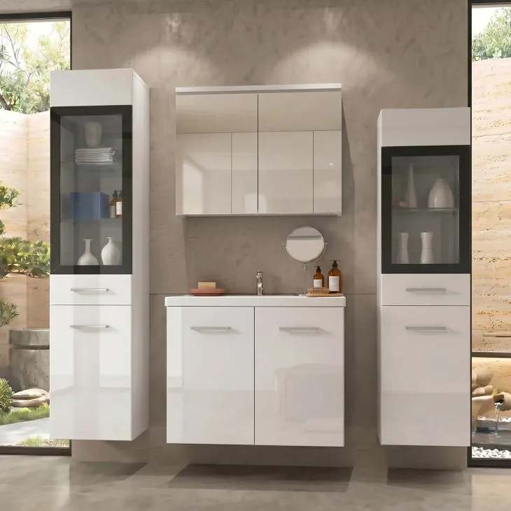 Mobile bagno sospeso 60cm con lavabo, specchio e 2 colonne vetrate bianco lucido Luz