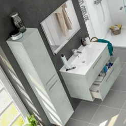 Mobile bagno sospeso 80cm con lavabo, specchio e colonna cemento bianco Oscar