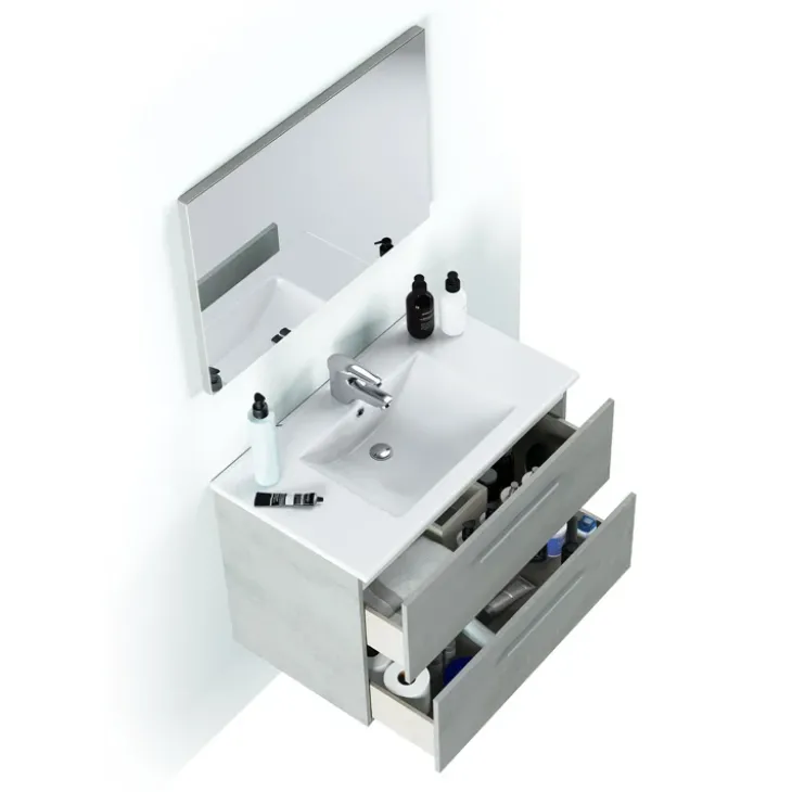 Mobile bagno sospeso 80cm con lavabo, specchio e colonna cemento bianco Oscar