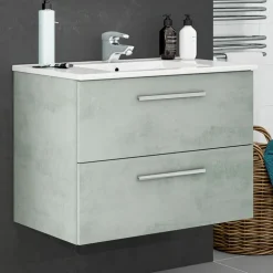 Mobile bagno sospeso 80cm con lavabo, specchio e colonna cemento bianco Oscar
