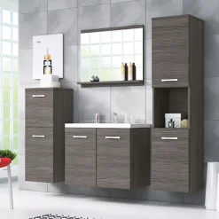 Mobile bagno sospeso 60cm con lavabo, specchio e 2 colonne rovere grigio Saturnia