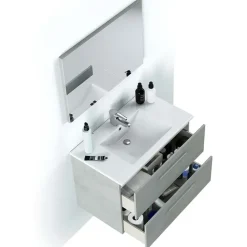 Mobile bagno sospeso 80cm con lavabo e specchio cemento bianco Oscar