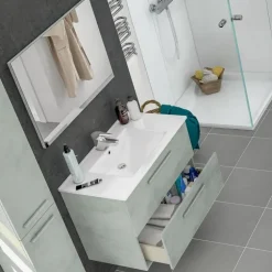 Mobile bagno sospeso 80cm con lavabo e specchio cemento bianco Oscar