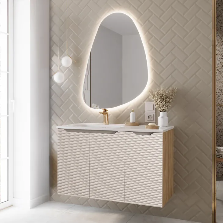Mobile bagno sospeso 90cm con lavabo da incasso beige rovere Swim
