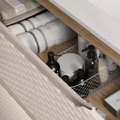 Mobile bagno sospeso 120cm con lavabo, specchio, colonna e 3 pensili beige rovere Swim